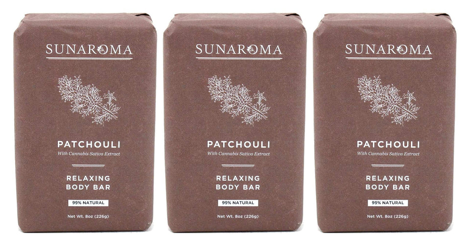 SUNAROMA Patchouli soap bar pack 3 front view showing calm presentation
