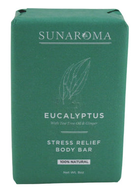 Sunaroma soap bar with eucalyptus, tea tree, and ginger for a refreshing cleanse.