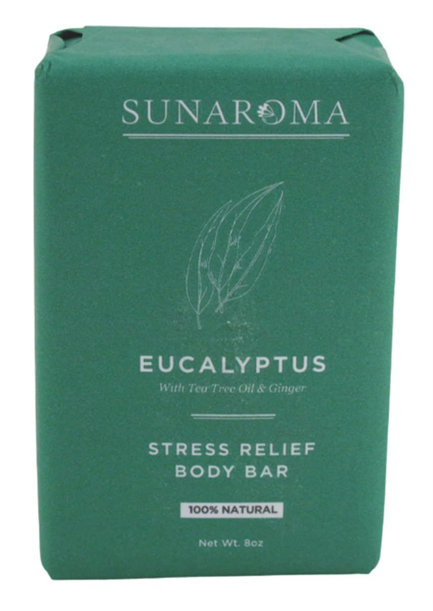 Sunaroma soap bar front view highlighting eucalyptus, tea tree, and ginger for a refreshing cleanse.