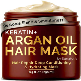 SUNATORIA Argan Oil Hair Mask bottle highlights premium conditioning for silky hair.