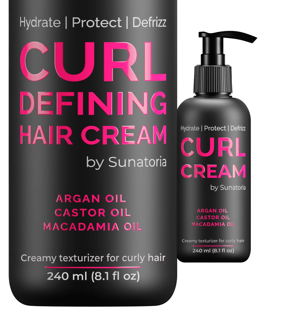 SUNATORIA Curl Cream bottle hero demonstrates lightweight curl definition for soft, bouncy hair.