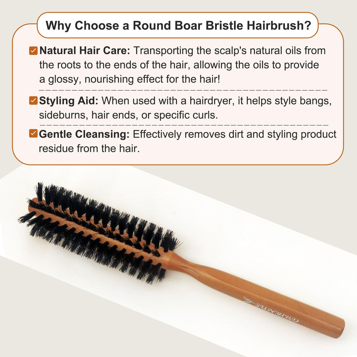 SUNBIRD wooden-handle brush designed for durable daily styling.