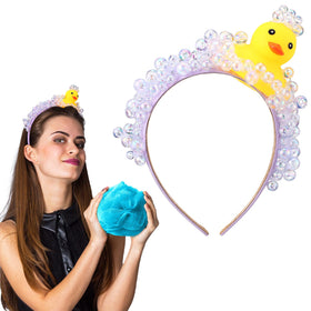 Suncalla duck and soap bubble headband worn with loofah costume for playful cosplay.