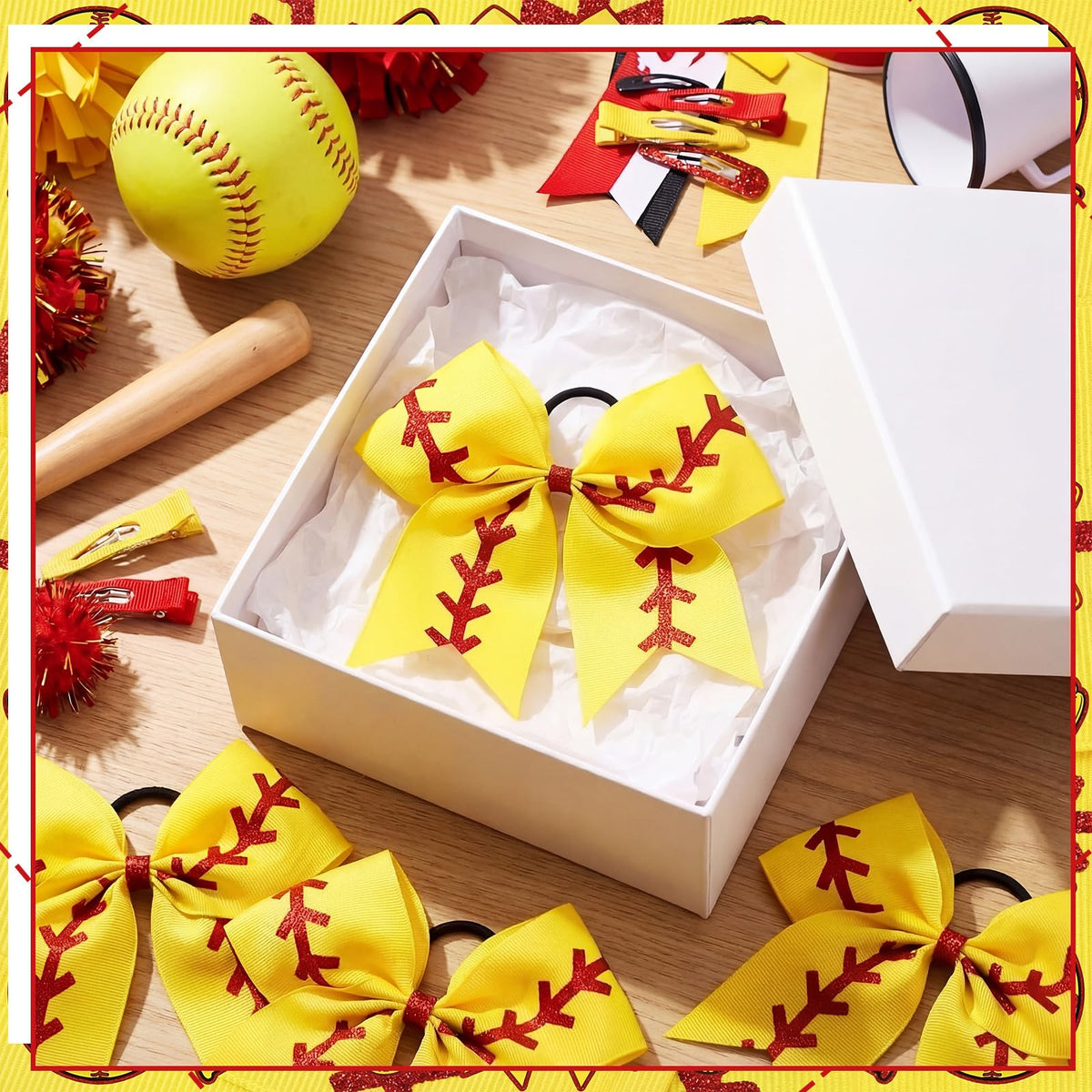Suncalla softball bow yellow red on ponytail—secure elastic fit for activities.
