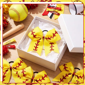 Suncalla softball bow yellow red on ponytail—secure elastic fit for activities.