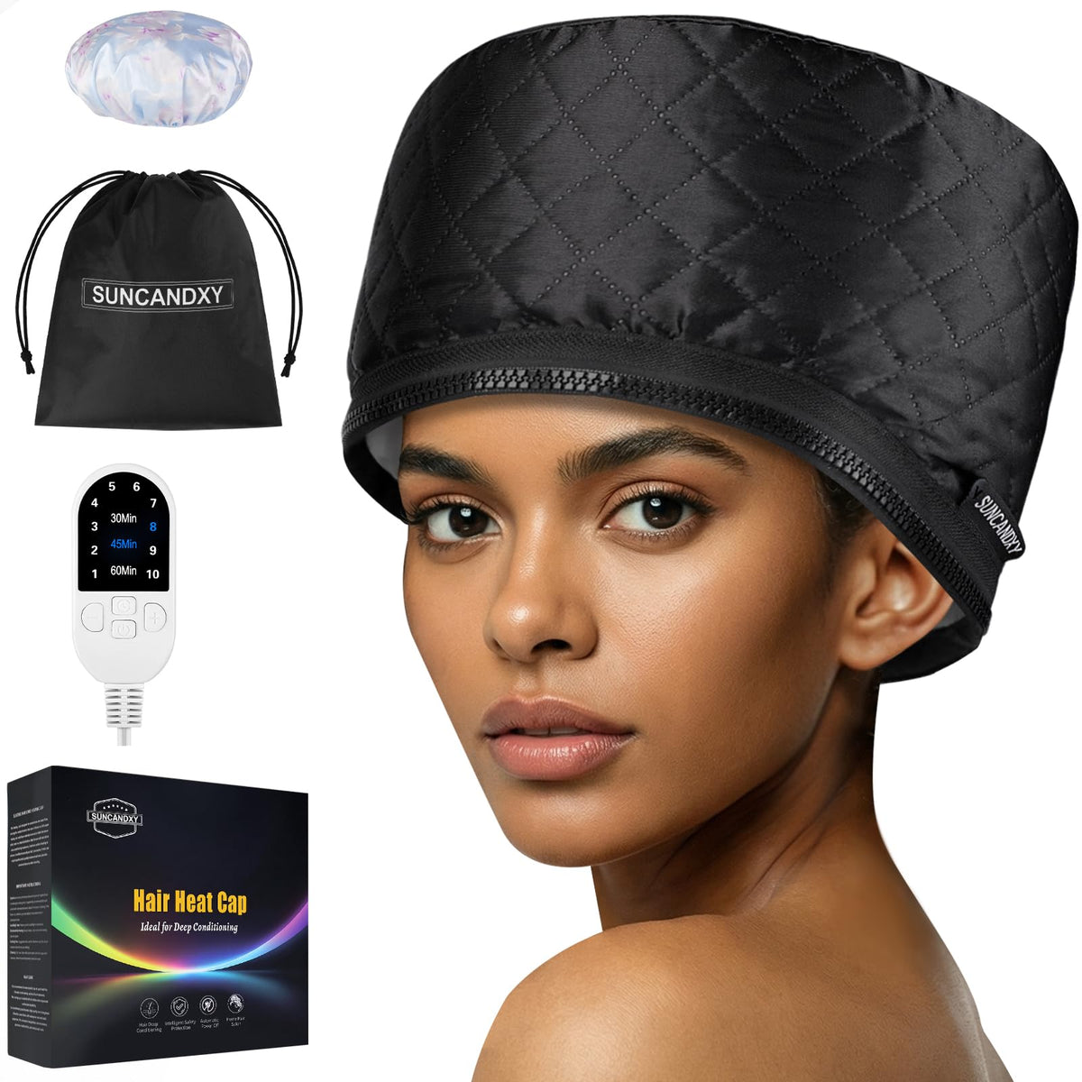 SUNCANDXY Hair Steamer Cap front view, showing even heat distribution for deep conditioning