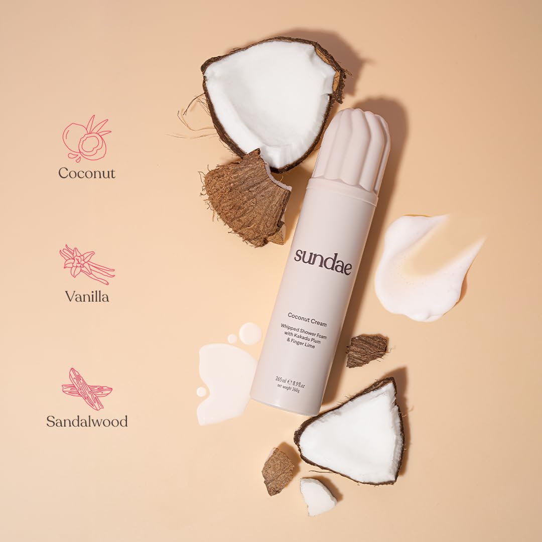 Sundae coconut cream foaming lather closeup highlights creamy texture for gentle cleansing.