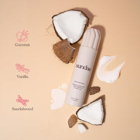 Sundae coconut cream foaming lather closeup highlights creamy texture for gentle cleansing.