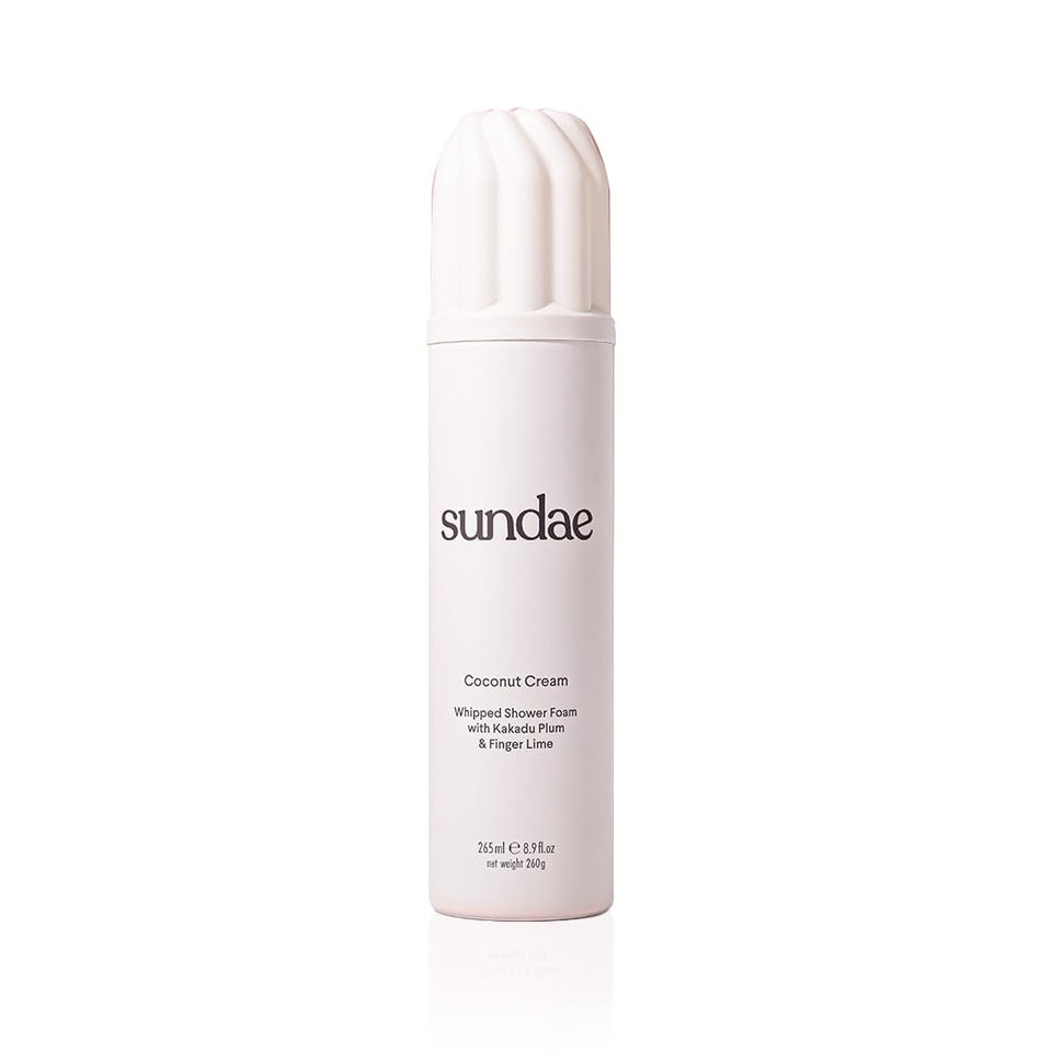 Sundae whipped shower foam coconut cream bottle shows rich lather for daily cleansing.