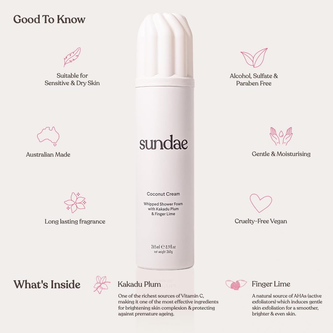 Sundae whipped shower foam coconut cream pump demonstrates easy dispense for quick showers.