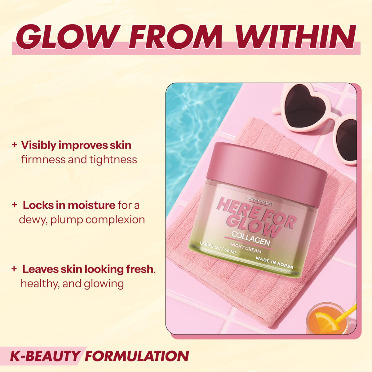 Closeup of Sunday Essence Collagen Night Cream jar showing creamy texture