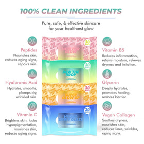 Sunday Essence collagen peptides and hyaluronic acid emphasis suggests hydration and plump feel.