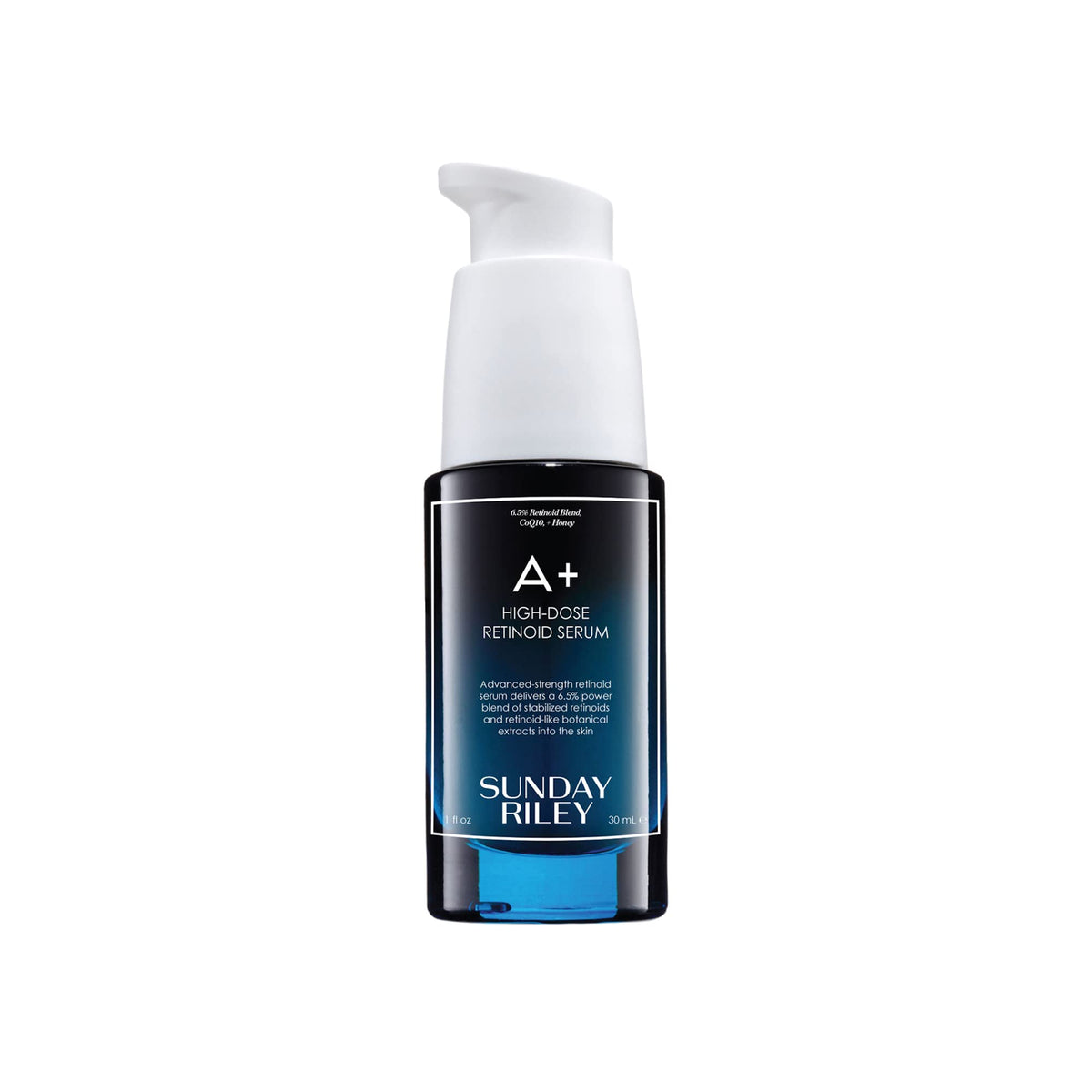 Sunday Riley A+ serum bottle close-up highlighting the high-strength retinoid blend