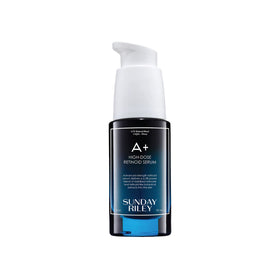 Sunday Riley A+ serum bottle close-up highlighting the high-strength retinoid blend