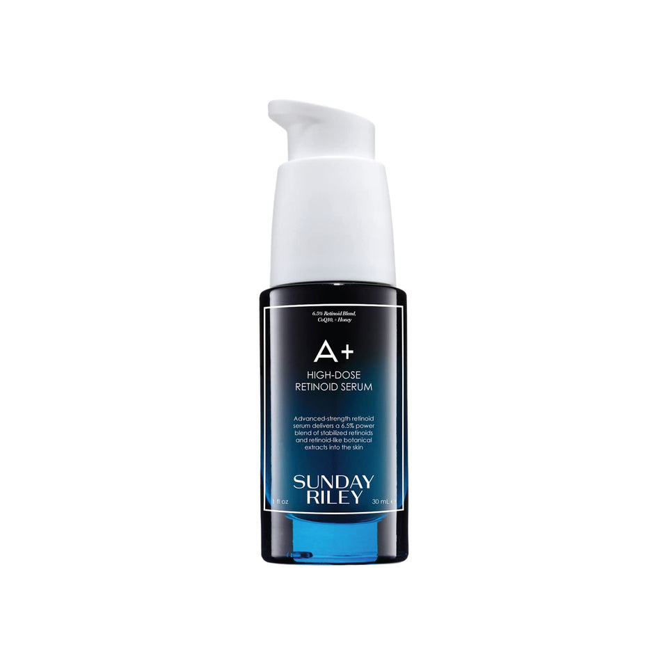 Sunday Riley A+ serum bottle close-up highlighting the high-strength retinoid blend