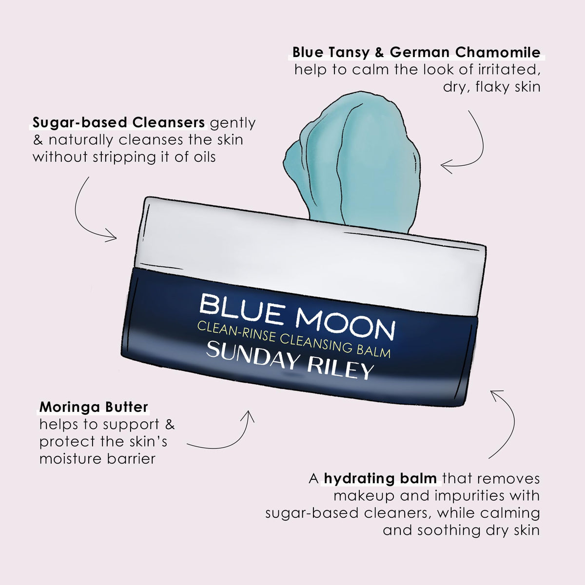 Blue Moon Cleansing Balm leaves hydrated, calm skin after use.