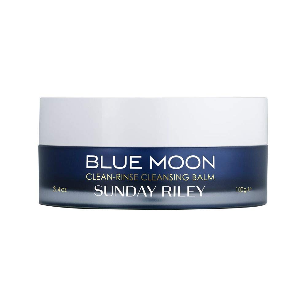 Sunday Riley Blue Moon Cleansing Balm jar with rich, hydrating texture for gentle cleansing.