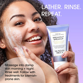 Sunday Riley Breakout Breakup gel cleanser close-up highlights gentle exfoliation for smoother texture.