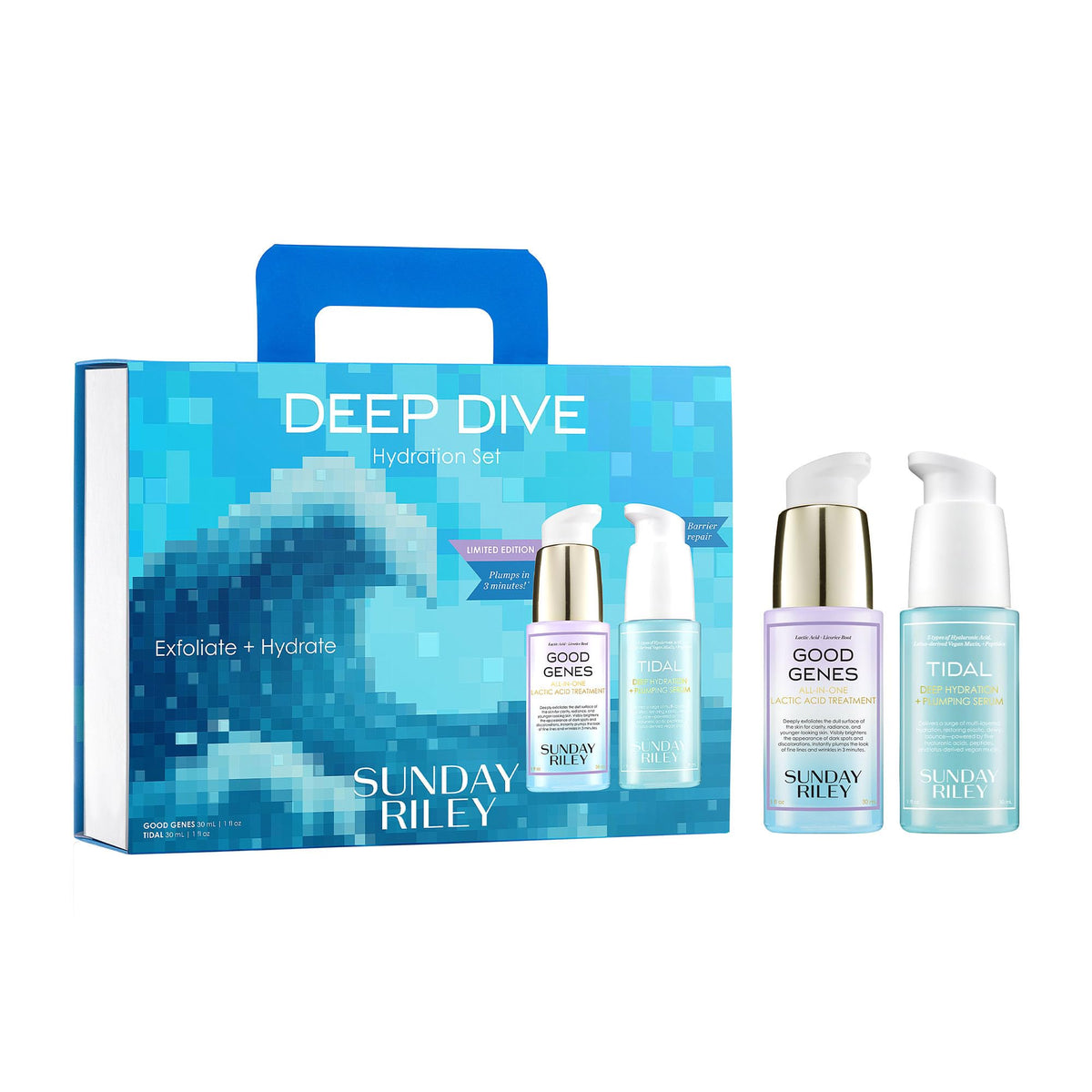 Sunday Riley Deep Dive Hydration Set packaging, showcasing a premium skincare kit for daily routines.