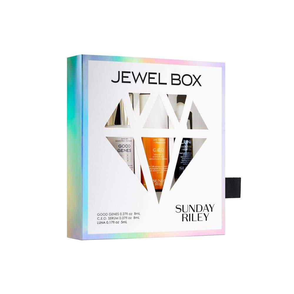 Sunday Riley Jewel Box Kit showcasing three travel-size treatments for on-the-go skincare.
