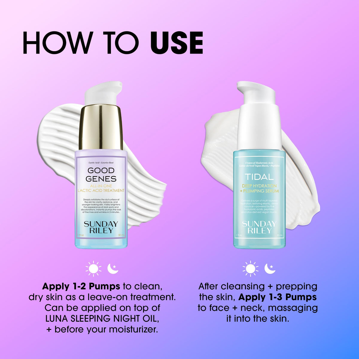 Silk peptides visual alongside Sunday Riley, signaling smoother skin and subtle bounce.