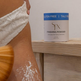 SunFX powder applied to knees, chest, and décolletage