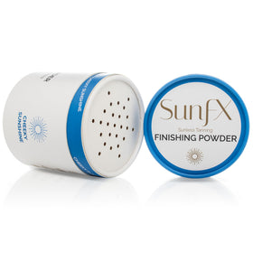SunFX post-spray tan finishing powder packaging shown for salon or home use