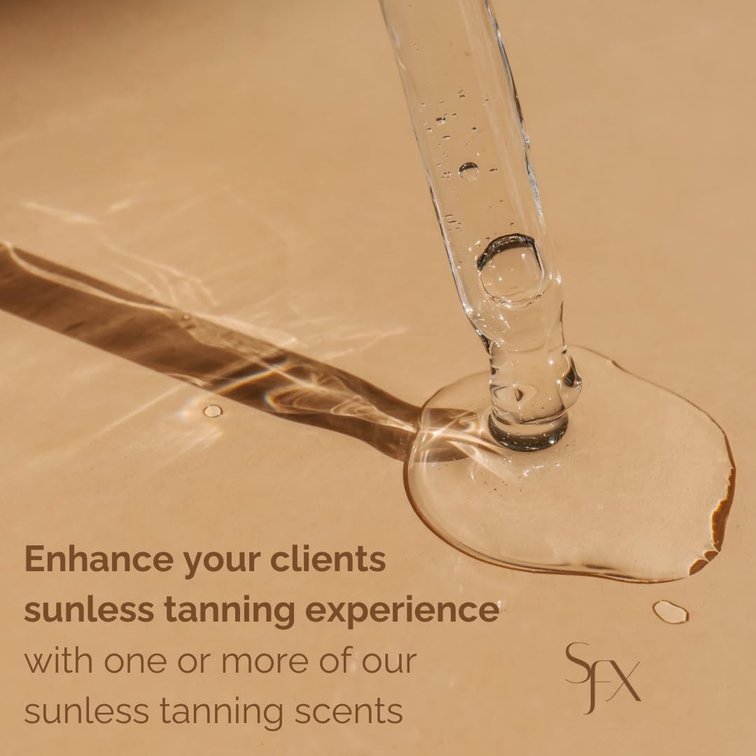 SunFX Scent Drops dropper close-up releasing fragrance during tanning sessions.