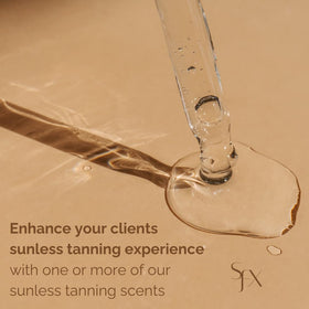 SunFX Scent Drops dropper close-up releasing fragrance during tanning sessions.