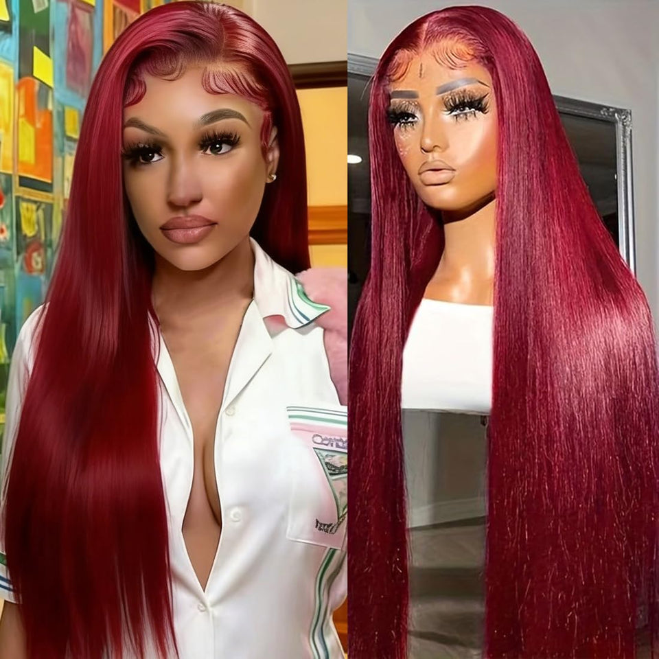 SUNKASA 32-inch Burgundy lace front wig in straight style for daily wear