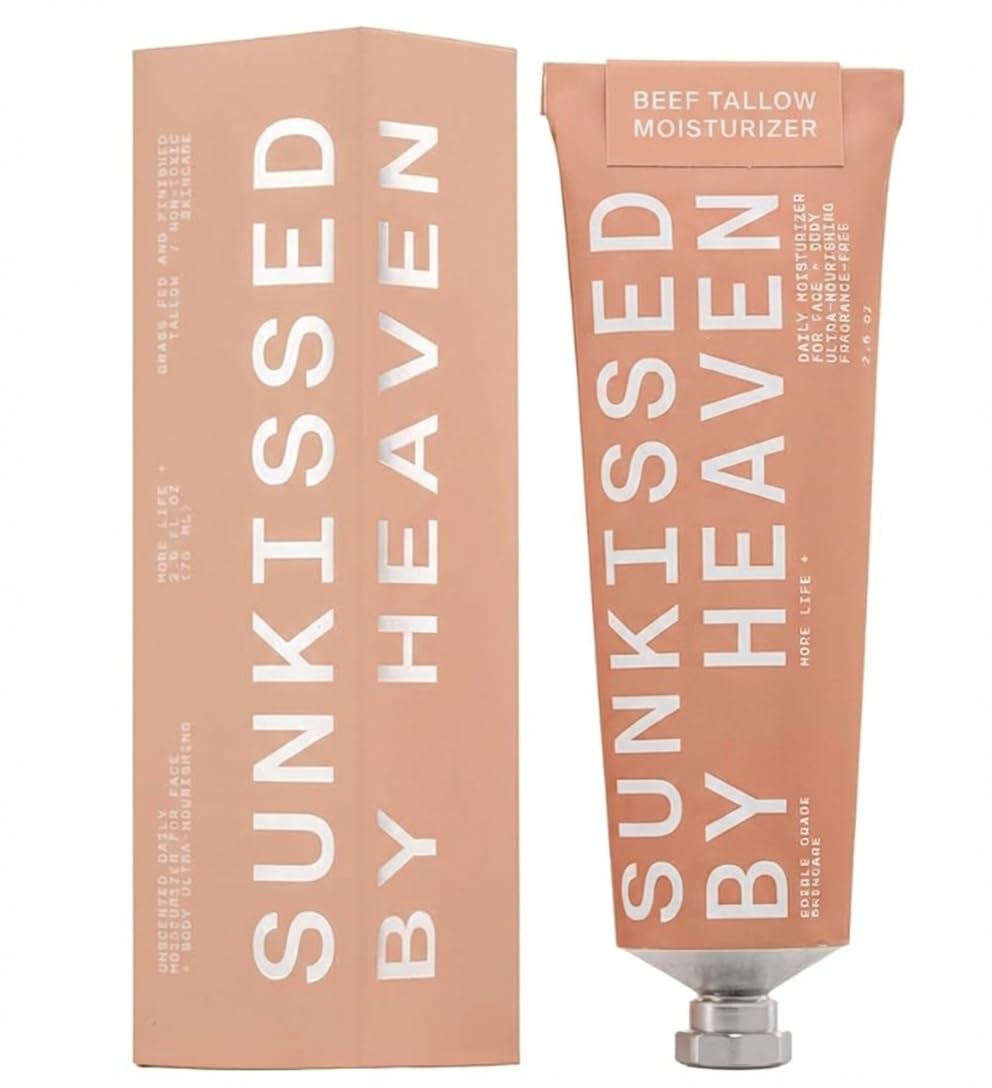 Sunkissed By Heaven beef tallow moisturizer bottle front showing unscented hydration for dry skin.