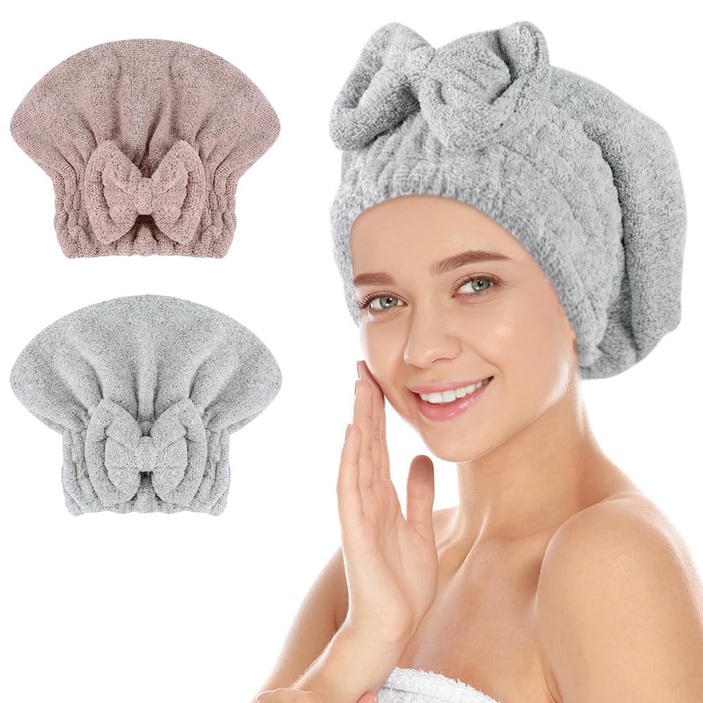 SUNLAND large microfiber hair drying cap with bow knot for quick absorption after shower.