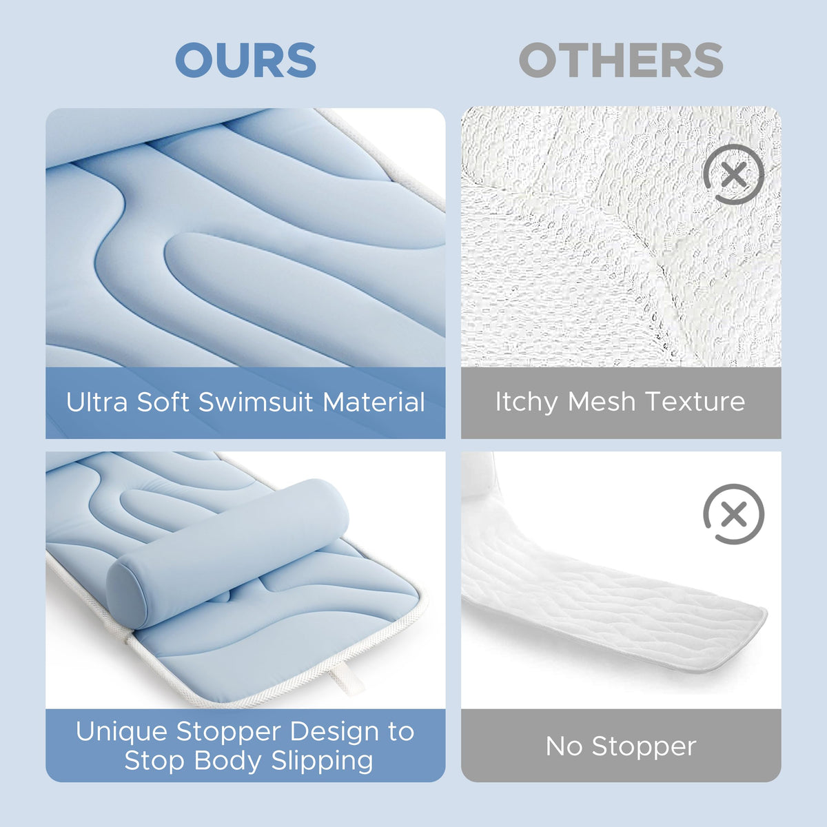 Sunlit pillow features strong suction cups ensuring a secure tub attachment.