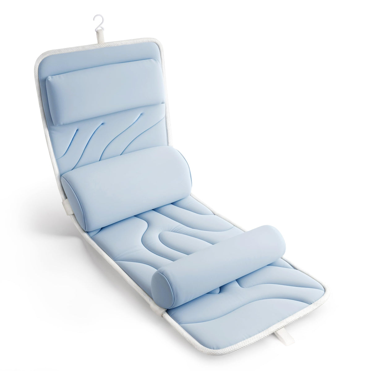 Sunlit full body bath pillow shows ergonomic head and neck support for a relaxed soak.