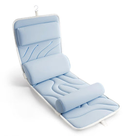 Sunlit full body bath pillow shows ergonomic head and neck support for a relaxed soak.