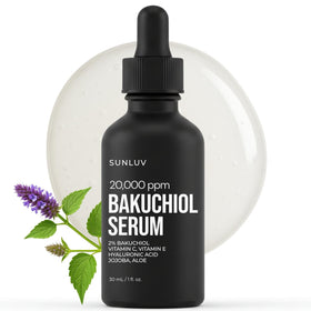 SUNLUV Bakuchiol serum bottle highlights premium vegan formula for daily glow.