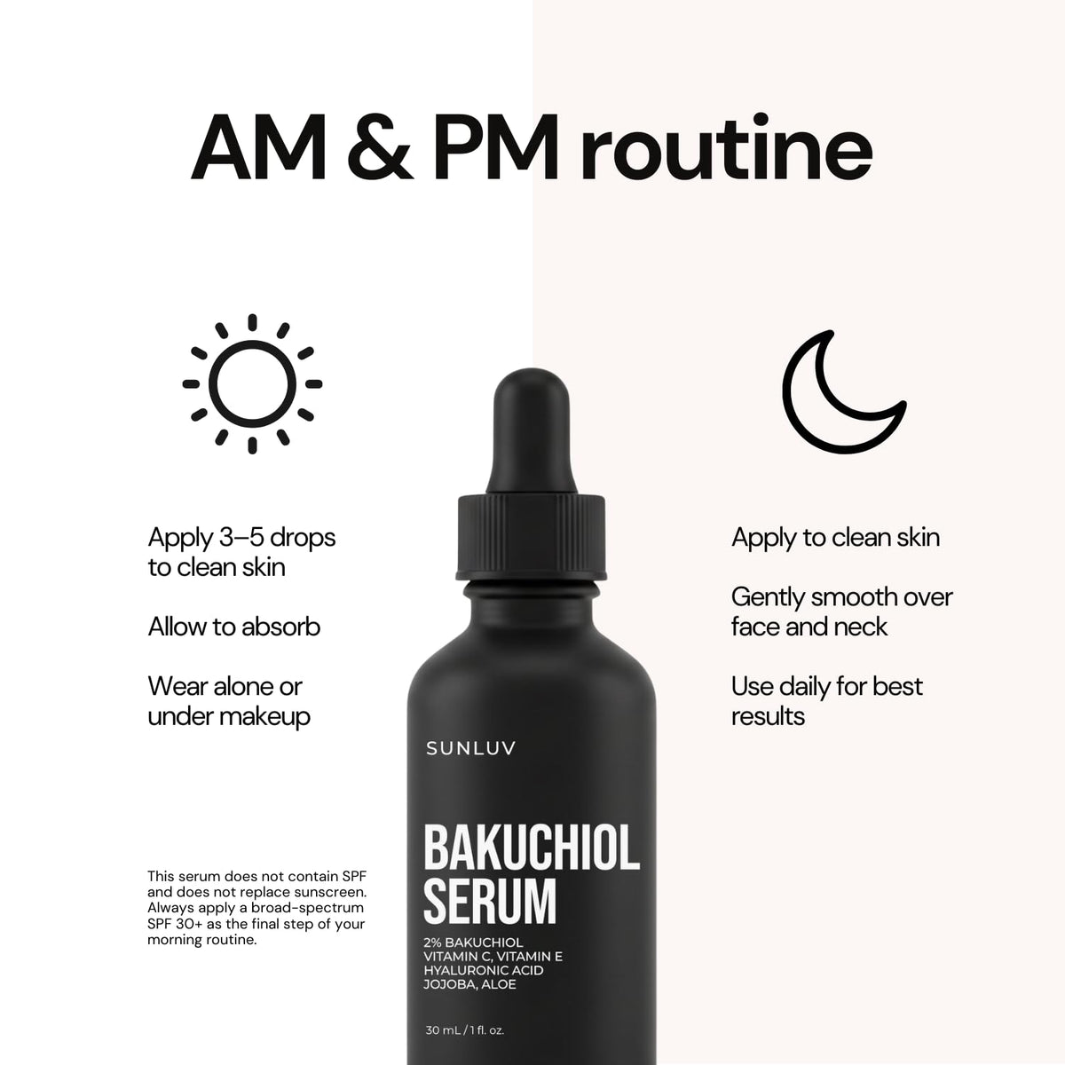 SUNLUV Bakuchiol serum packaging emphasizes cruelty-free credentials.