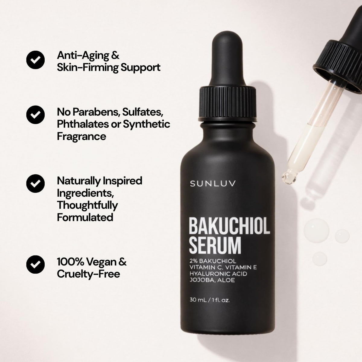 SUNLUV Bakuchiol serum with vitamin C promotes brighter, even tone.