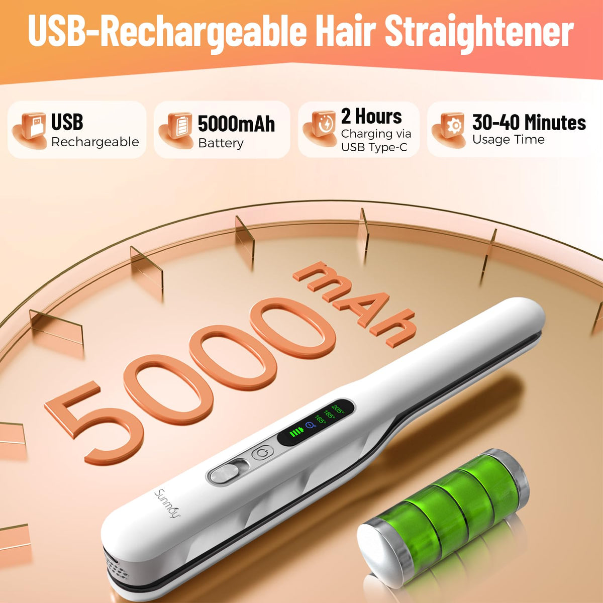 SUNMAY USB rechargeable, cordless operation enables styling anywhere.