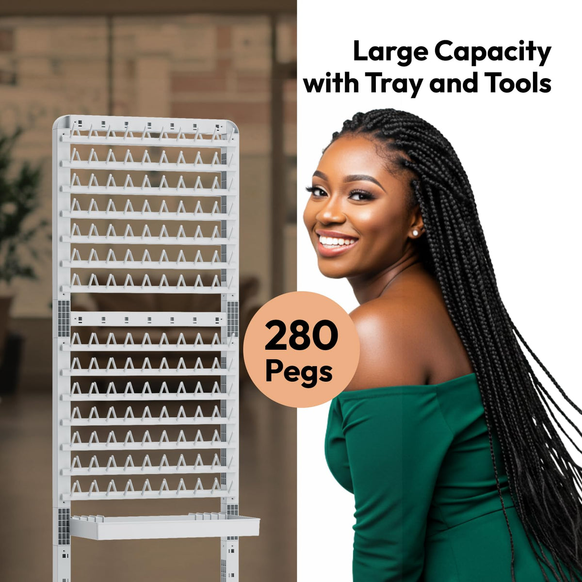 Sunnacate removable tray on braid rack keeps essentials within reach during styling.