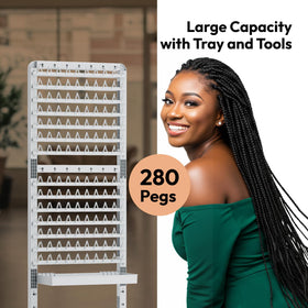 Sunnacate removable tray on braid rack keeps essentials within reach during styling.
