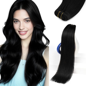 Sunny Hair sew-in extensions in jet black for natural length and seamless fullness.