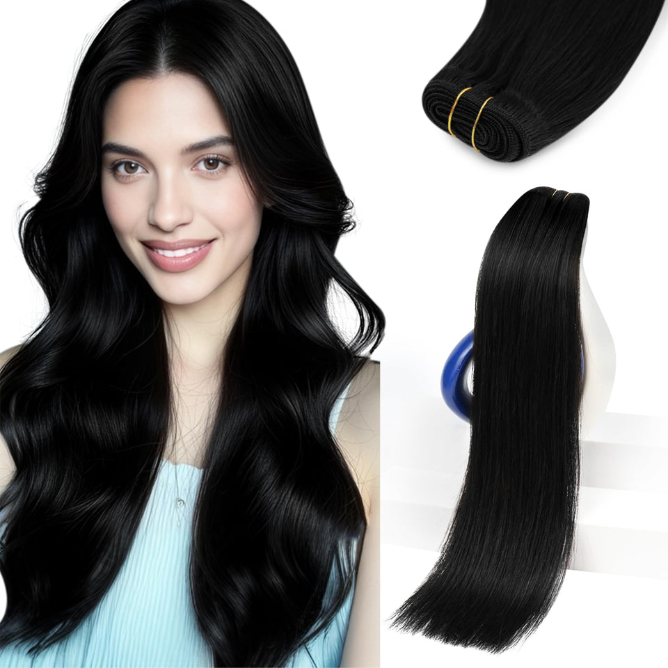 Sunny Hair sew-in extensions in jet black for natural length and seamless fullness.
