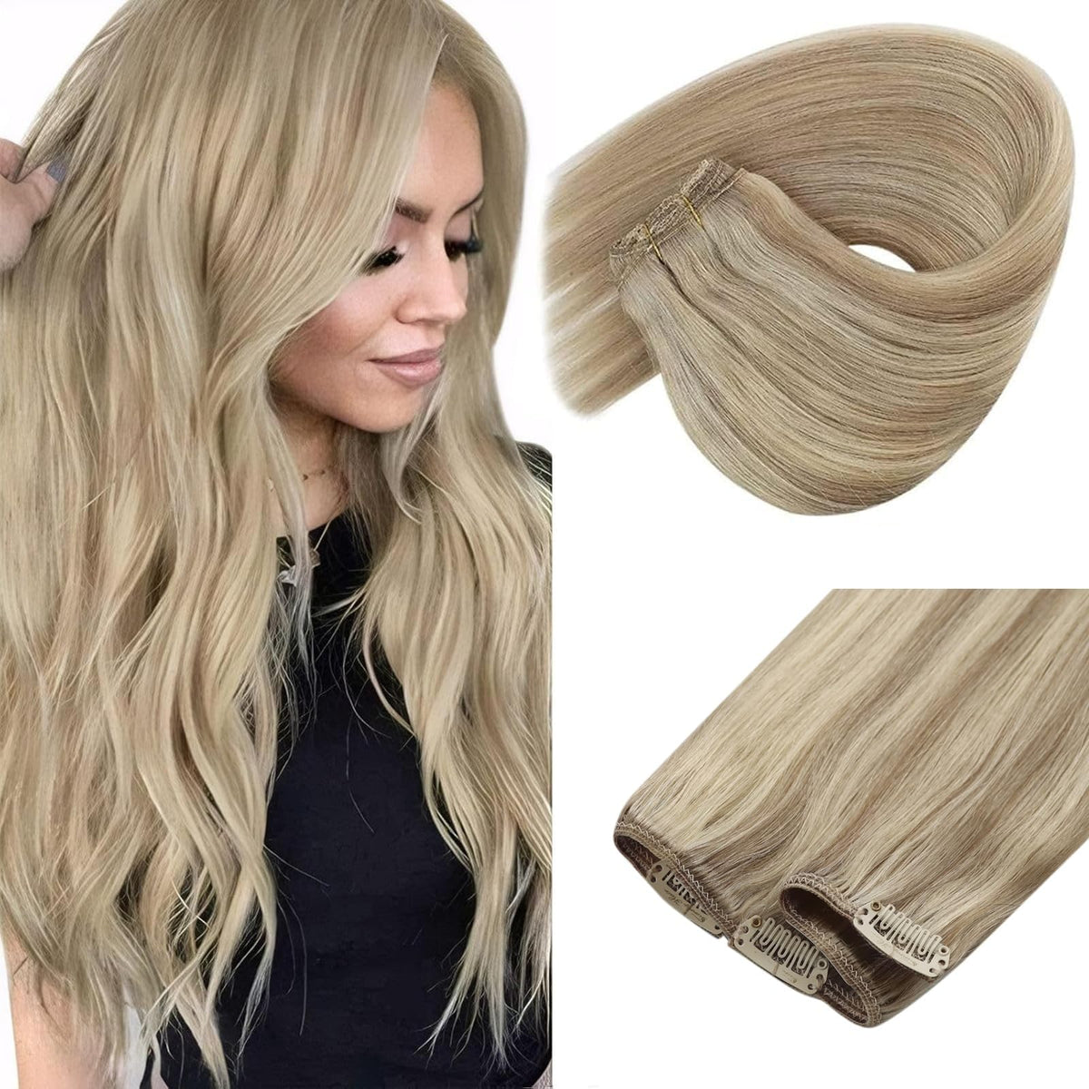 Sunny Hair clip-in extensions in real human hair add instant length and volume for everyday wear.