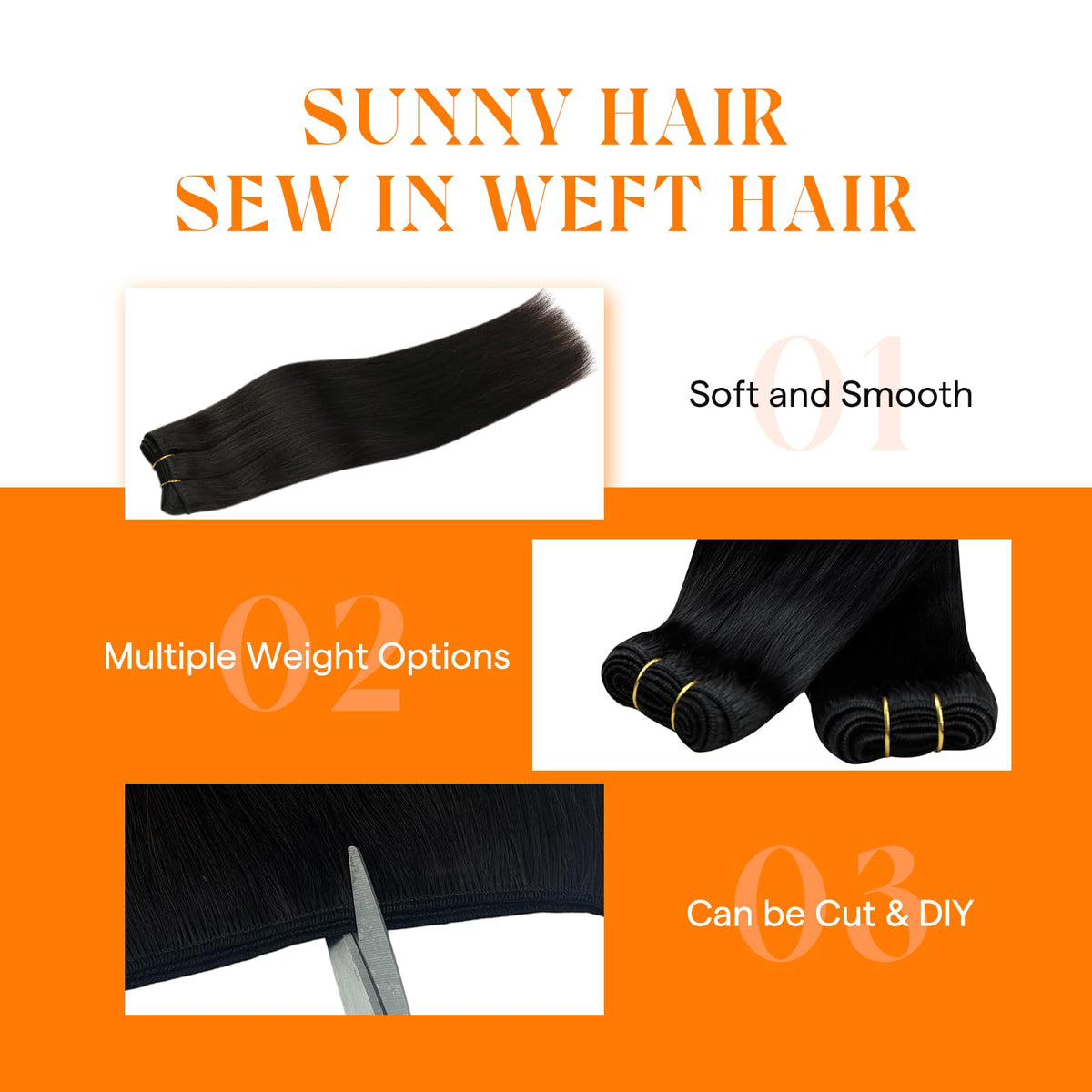 Sunny Hair hand-tied bundles create smooth, tangle-free straight styling.