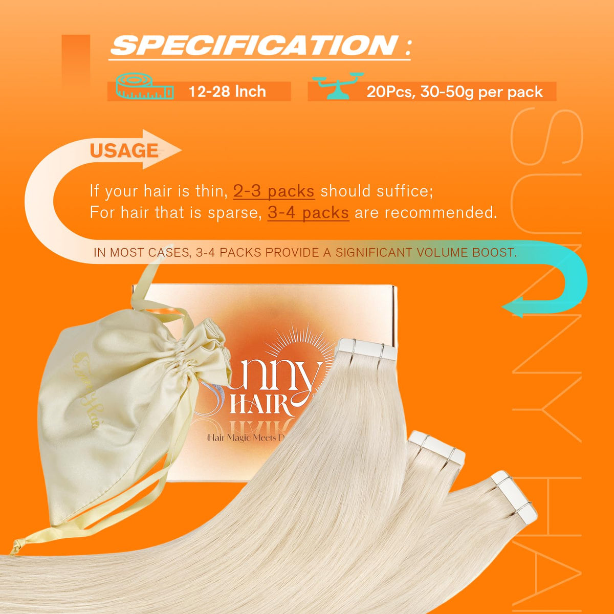 Sunny Hair Heat-Styling Friendly Tape-In Extensions; style with straighteners or curling irons.