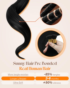 Sunny Hair Itip extensions ready for heat styling up to 350°F for versatile looks.