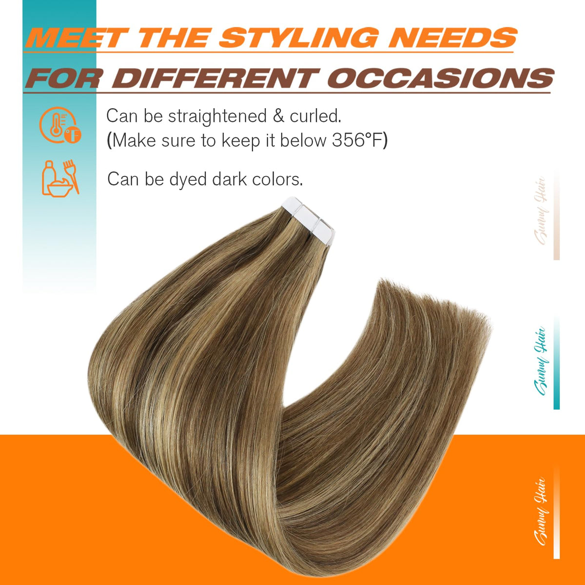 Sunny Hair replacement tapes image emphasizes extra adhesive strips for extended wear