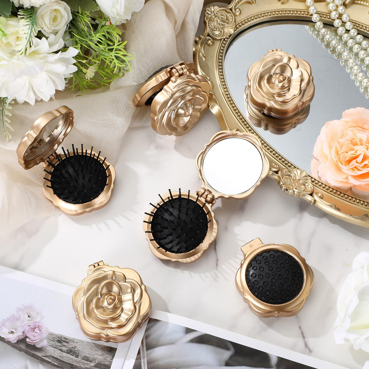 Sunnychicc compact gold hair brush provides gentle detangling for all hair types.
