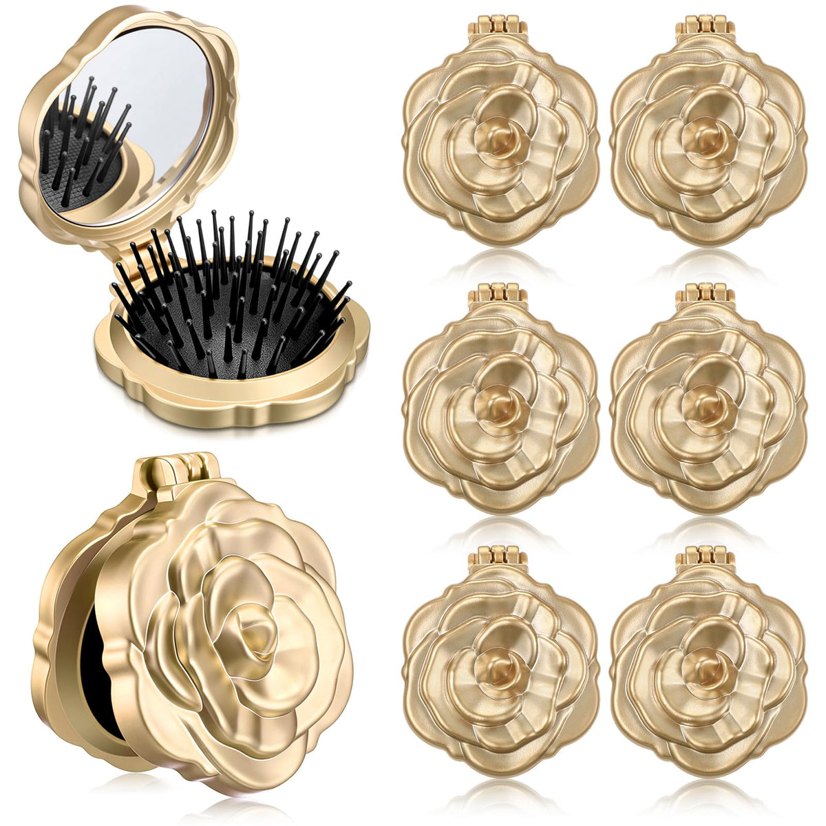 Sunnychicc rose travel brush with mirror offers a compact on-the-go touch-up solution.
